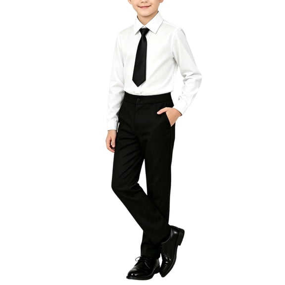 Bpyeka Boys' Formal Three-Piece Set, Long Sleeve Button-Down Shirt, Dress Pants and Necktie for School Events and Performances for Kids 2-15 Years