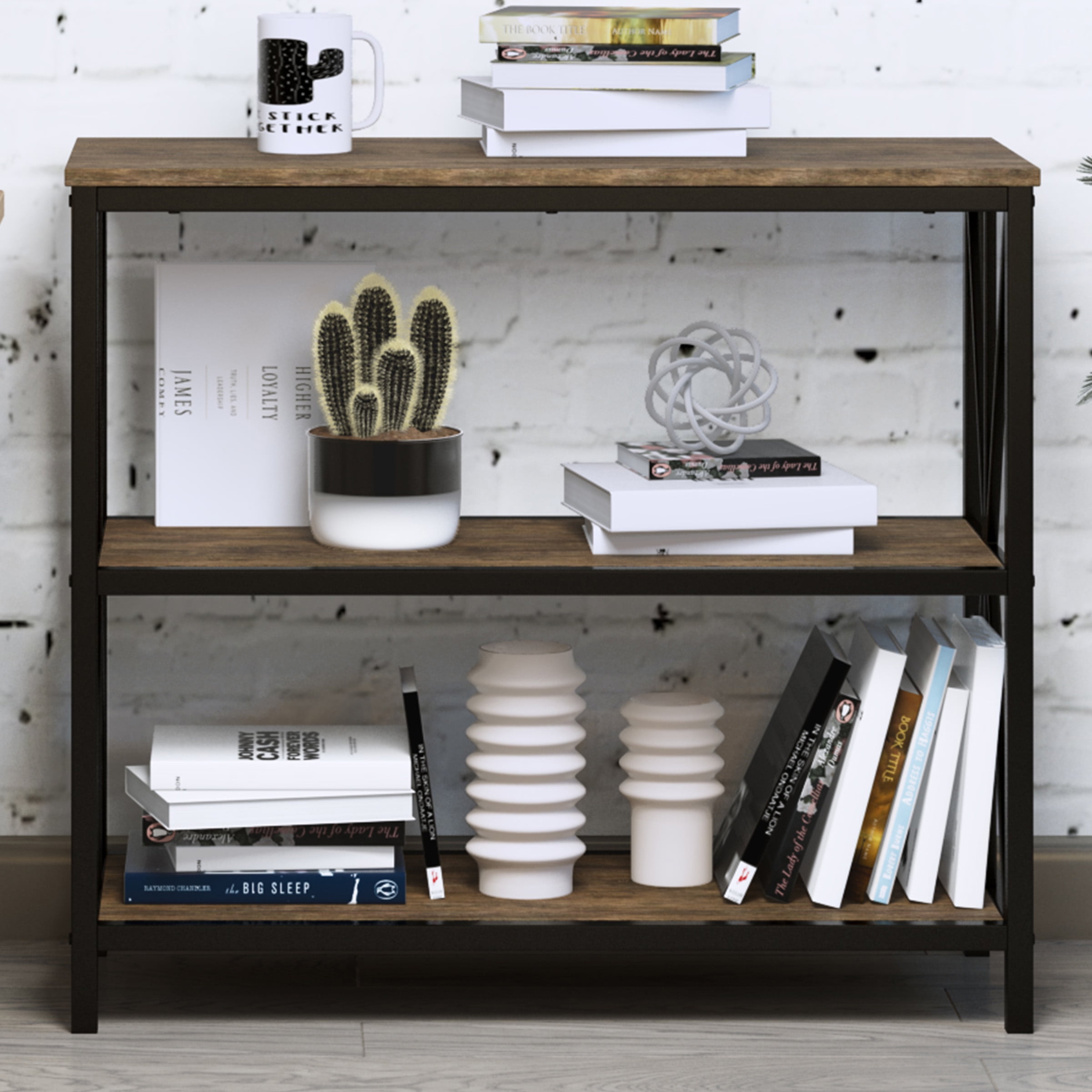 Lavish Home 3-Tier Bookshelf Set – Set of 2 Wooden Shelves, Brown Woodgrain