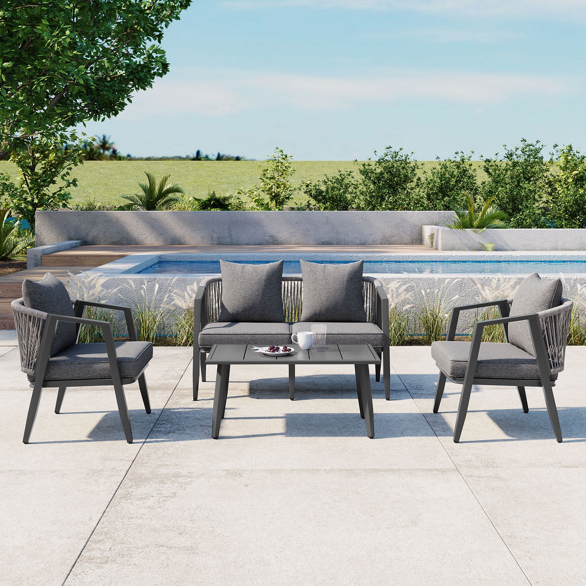 Leumius 4 Pieces Patio Furniture Set,Modern Outdoor Conversation Set for Patios,Lawns,Gray