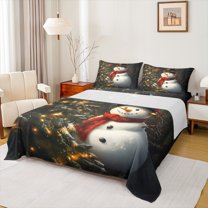Feelyou Winter Cute Snowman Bed Sheets for Teen, Glitter Christmas Tree King Sheets, Western Festival Sheet Set, Luxury Bedroom Decor, 4-Piece