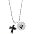 thumbnail image 1 of Delight Jewelry Silvertone Large Black Enamel Cross with Decorated Sides Silvertone Script Initial Disc - P - Charm Necklace, 20"+3", 1 of 4