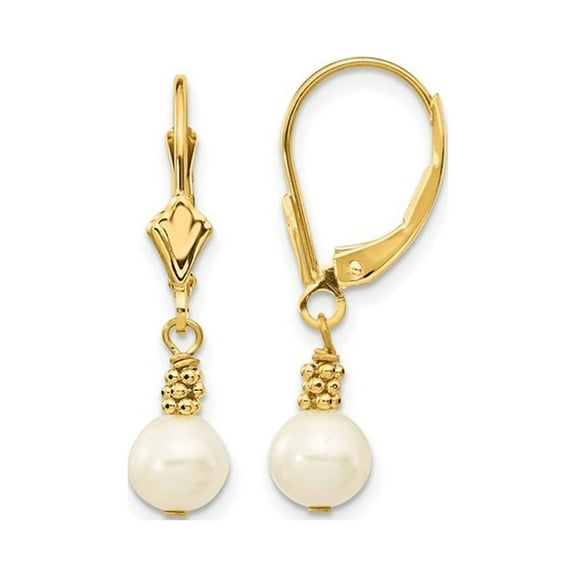 14K Yellow Gold White Freshwater Cultured Pearl (5-6mm) Dangle Leverback Earrings