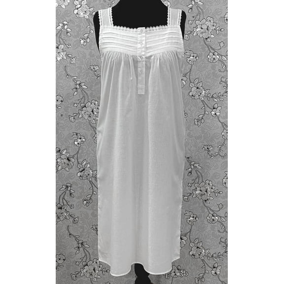 SoieRose 100% Cotton Victorian Nightgown – White Sleeveless Button Front Nightdress with Lace Trim & Pintuck Yoke – SR-1207