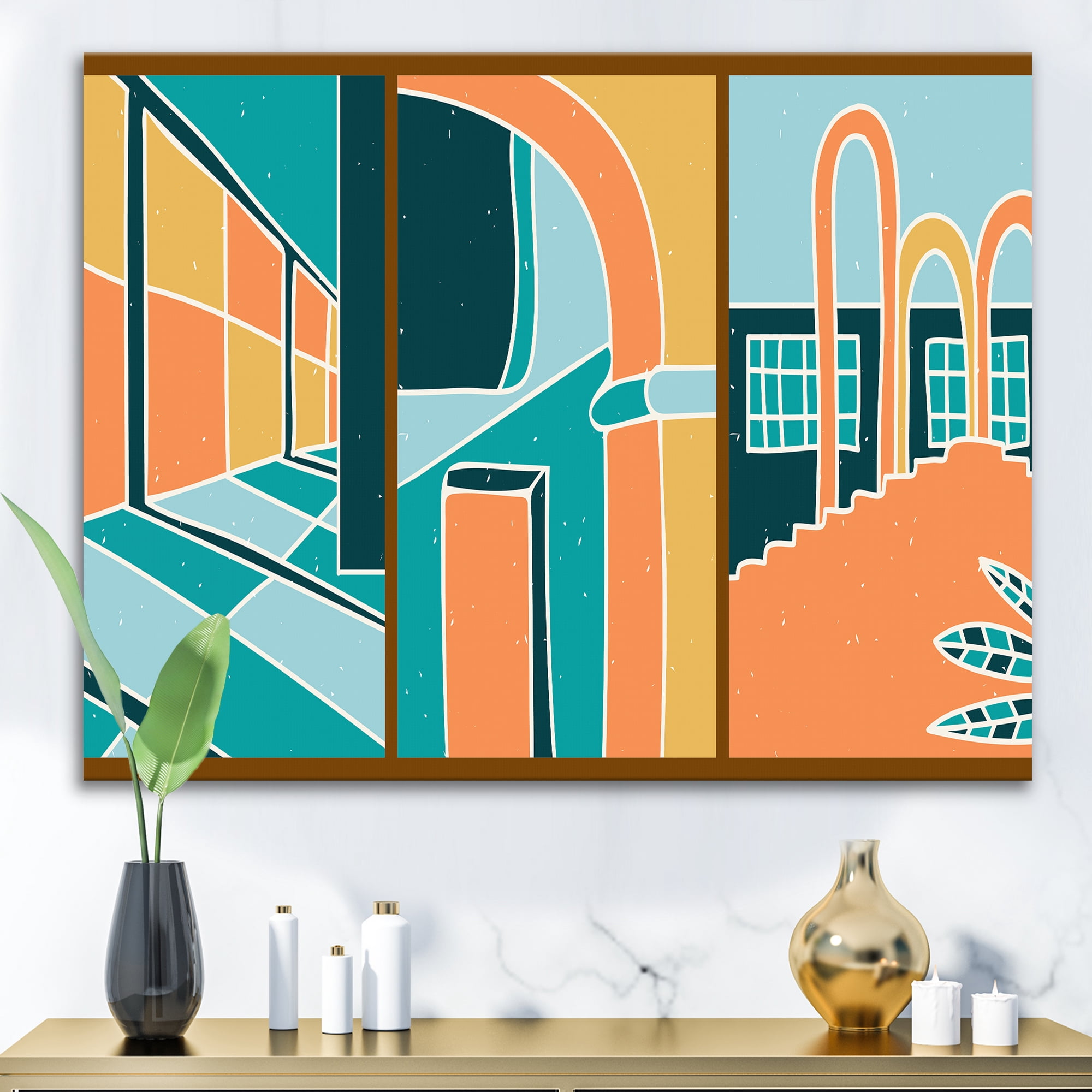 Designart ' Geometric Shapes Vintage Style Building Windows ' Modern Canvas Wall Art Print