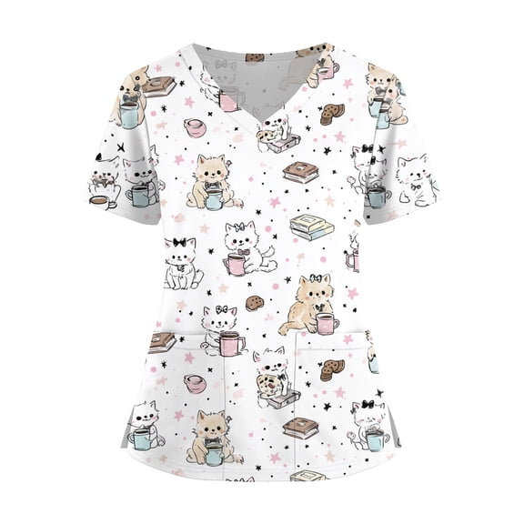 LHVUOA Scrub Tops Women Cute Kitty Dog Print Scrub Tops Plus Size Stretch Nursing Tops Soft Nurse Uniform Shirts with Pockets