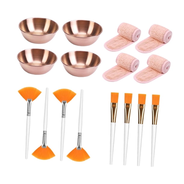 Juego de 16 cuencos, cepillos y diademas de acero inoxidable para mascarillas faciales. Oro rosa