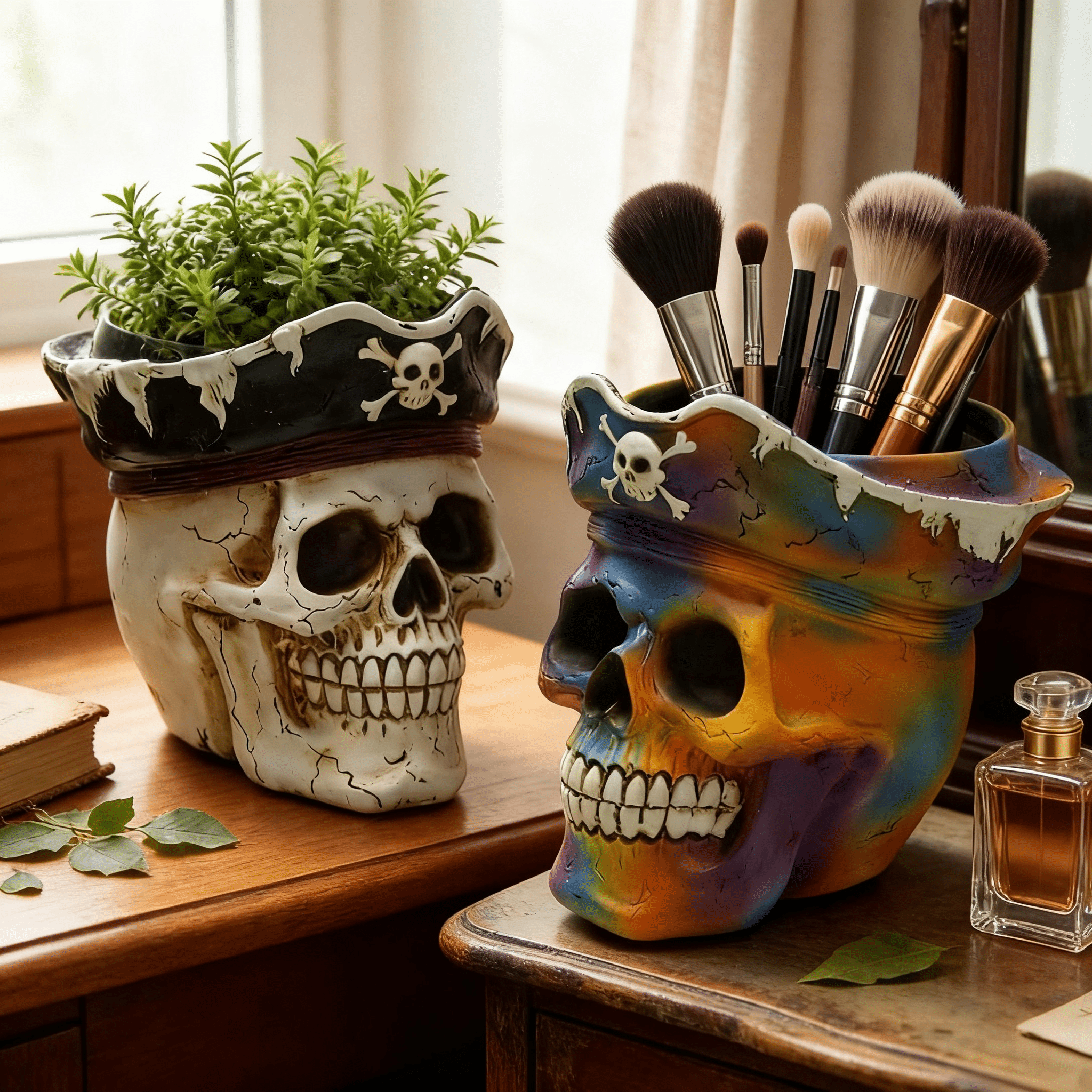 Pirate Skull Planter Flowerpot with Drainage Hole for Gothic Home Decor