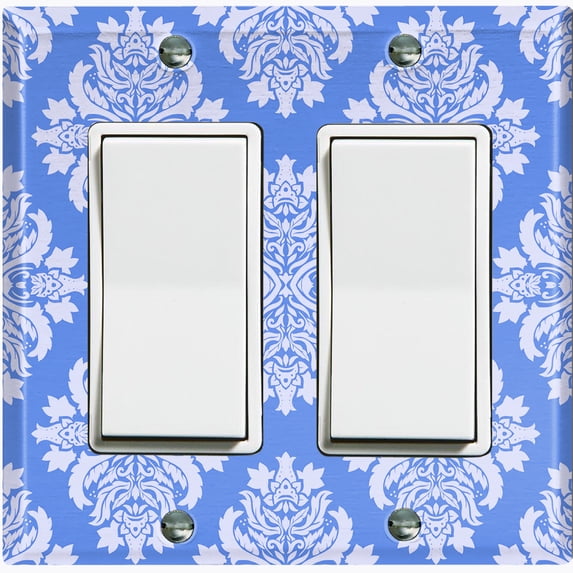 Metal Light Switch Plate Outlet Cover (Victorian Damask Flower Blue Pastel Pattern - Double Rocker)