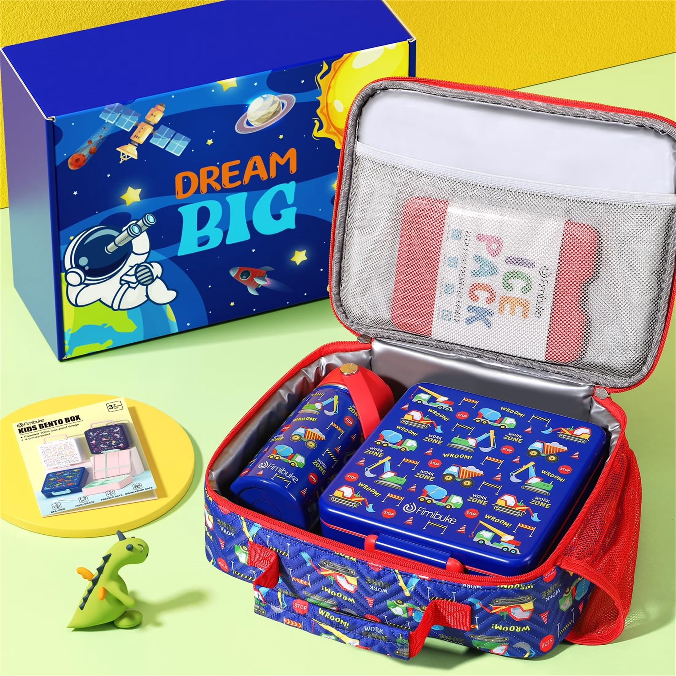 Bento Lunch Box with 4 Compartments, Insulated lunch Bag, 14oz Stainless Steel Water Bottle, Ice Pack, Utensils Set (Construction Trucks)