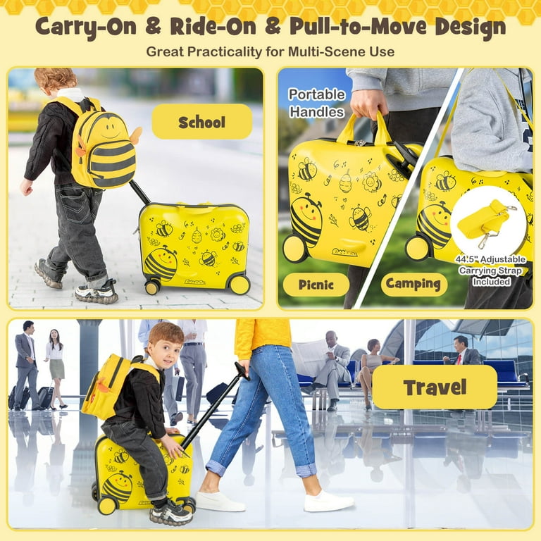 2 Pieces 18 Inch Ride-on Kids Luggage Set with Spinner Wheels and Bee  Pattern