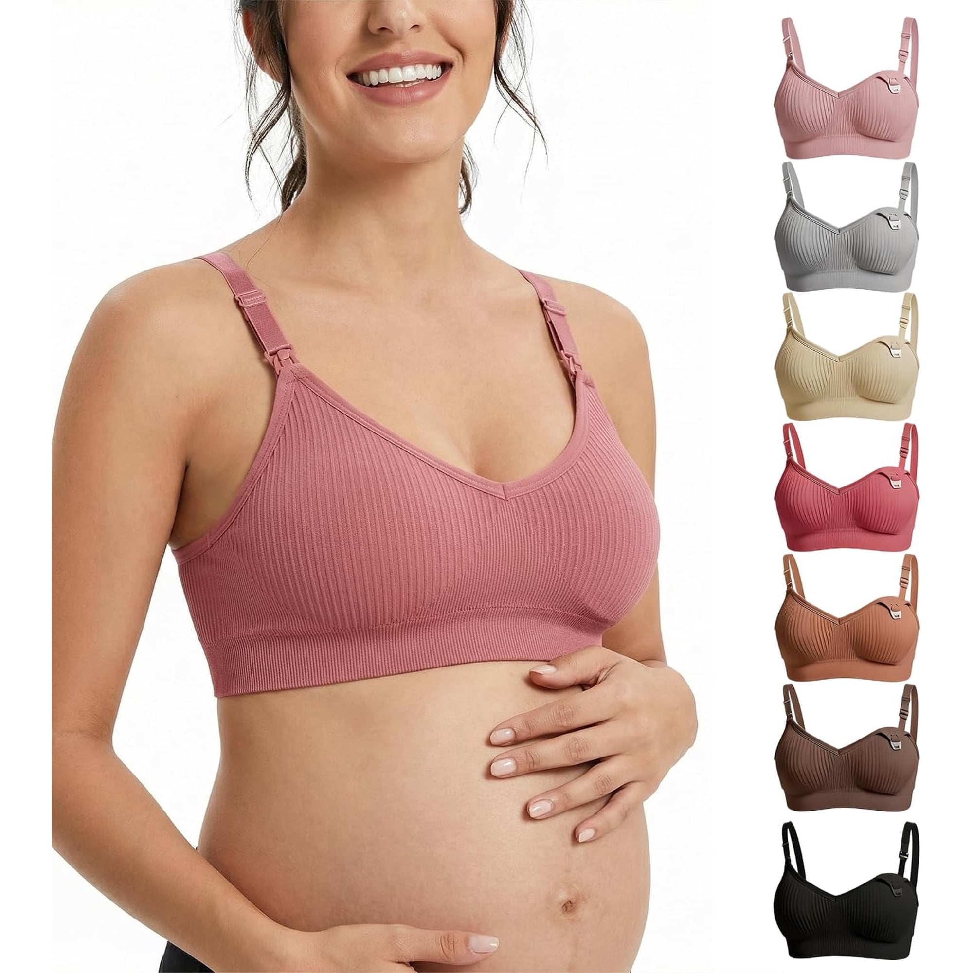 Nursing Bra 7 Pack, Seamless Wireless Maternity Bra, V-Neck Sleep Bra for Breastfeeding with Extenders