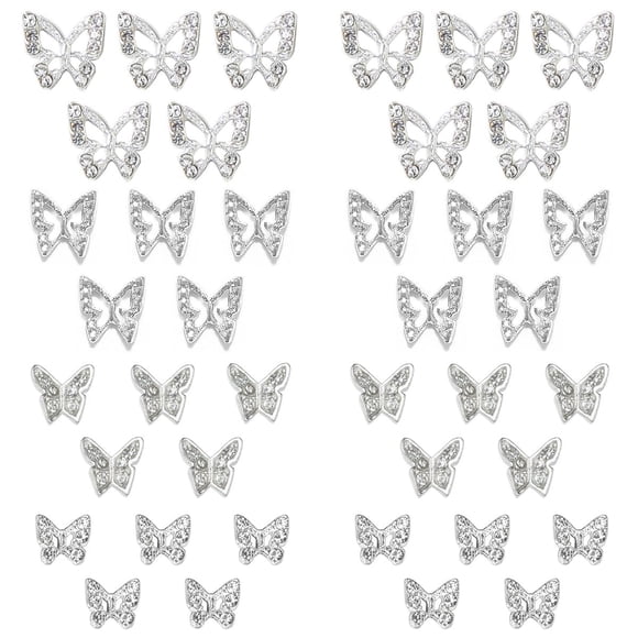 Dijes de uñas de mariposa plateada, 40 piezas de dijes de mariposa 3D para uñas acrílicas, 30 mariposas, diamantes de imitación de uñas, dijes de gemas + 10 tachuelas de aleación de uñas, joyas para d