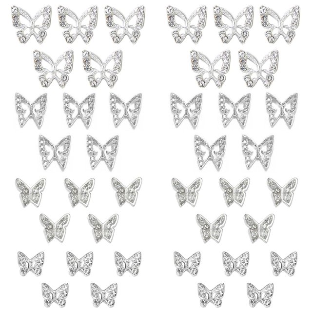 Dijes de uñas de mariposa plateada, 40 piezas de dijes de mariposa 3D para uñas acrílicas, 30 mariposas, diamantes de imitación de uñas, dijes de gemas + 10 tachuelas de aleación de uñas, joyas para d