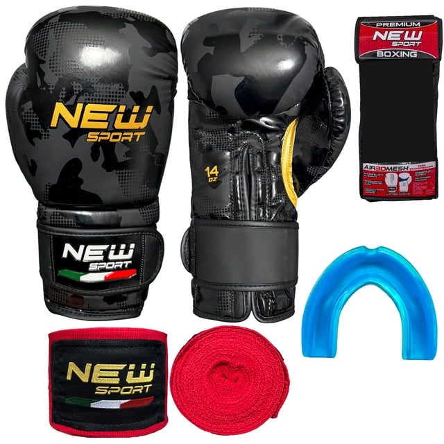 Guantes de Boxeo 14 Oz Onzas New Sport Kit con Vendas y Bucal Muay Thai Kick Boxing Mma Box con Malla Transpiracion Mod Camo
