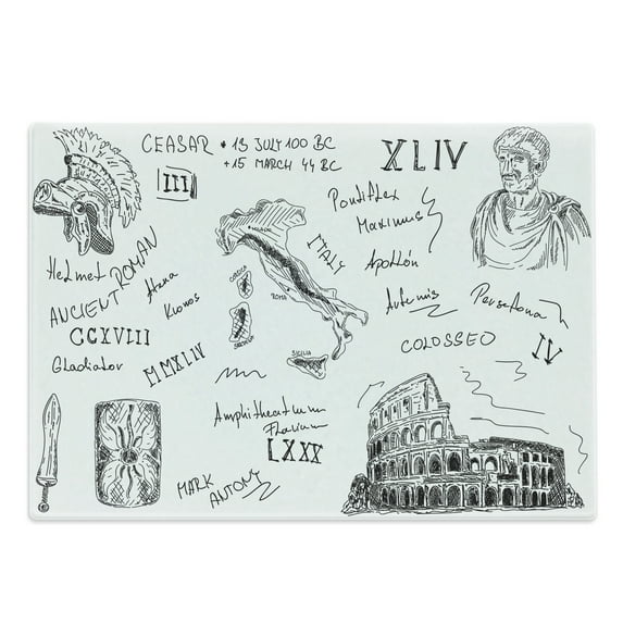 Retro Cutting Board, Roman Period Caesar Colosseum Gladiator and Map Sketch Art, Decorative Tempered Glass Cutting and Serving Board, Large Size, Black and White, by Ambesonne