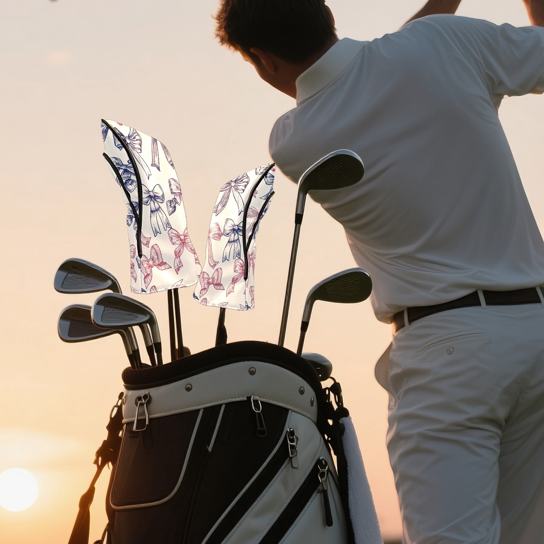 Golf Club Covers PU Leather Waterproof Head Covers for Fairway Woods Hybrids Bow Pattern Unisex Fits Most Brands