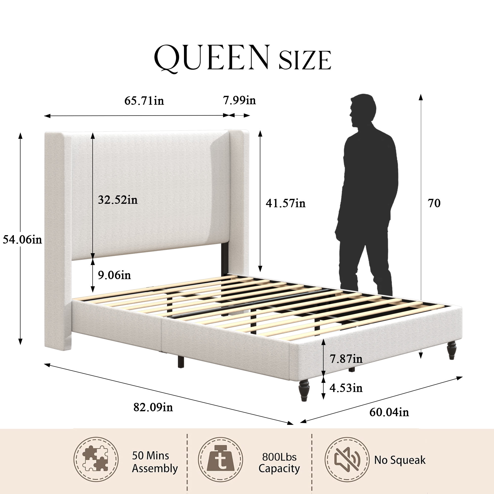 Gewnee Queen Size Platform Bed Frame with Upholstered Wingback Headboard, Sturdy Metal Support, Noise‑Free, No Box Spring Needed, Modern Bedroom Furniture, Beige