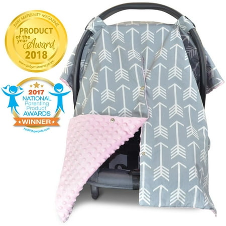Kids N' Such 2 in 1 Car Seat Canopy Cover with Peekaboo Opening™ - Large Carseat Cover for Infant Carseats - Best for Baby Girls - Use as a Nursing Cover- Arrow with Soft Pink Dot