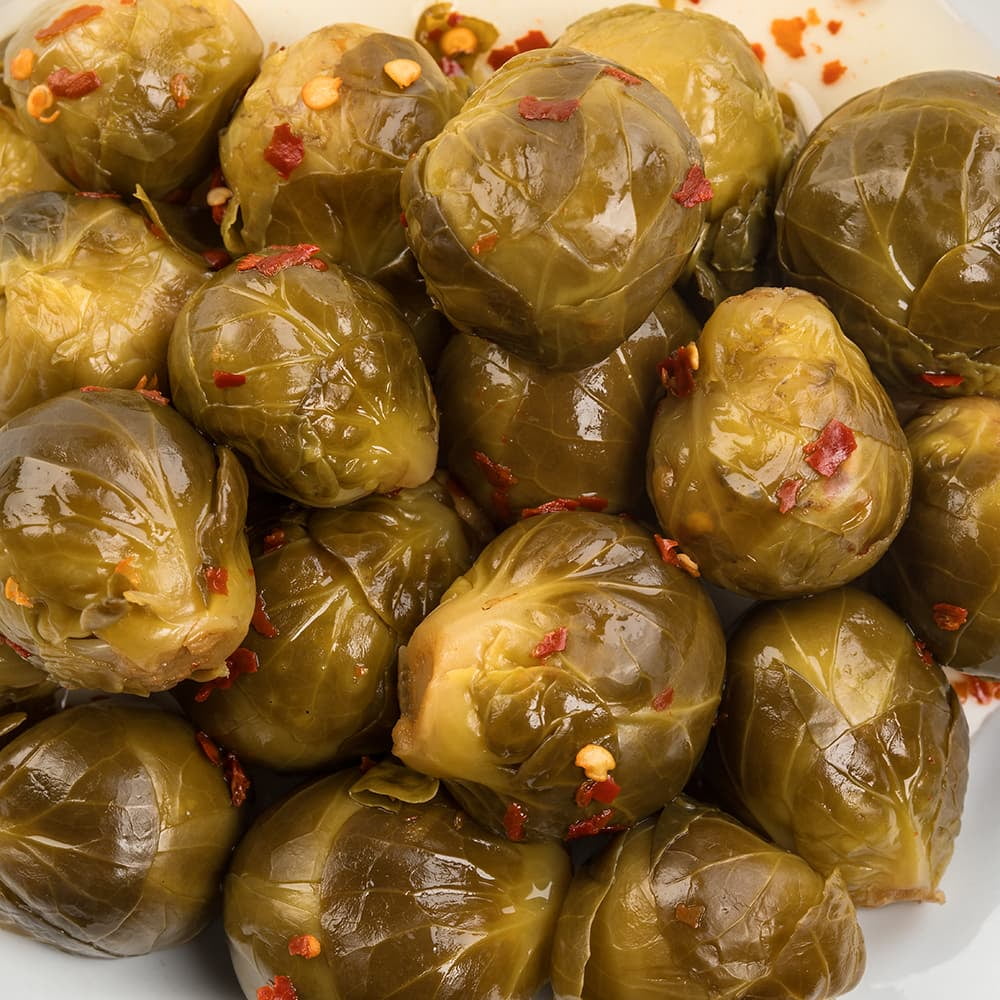 Amish Wedding Hot Pickled Brussel Sprouts, Two 16 oz Glass Jars