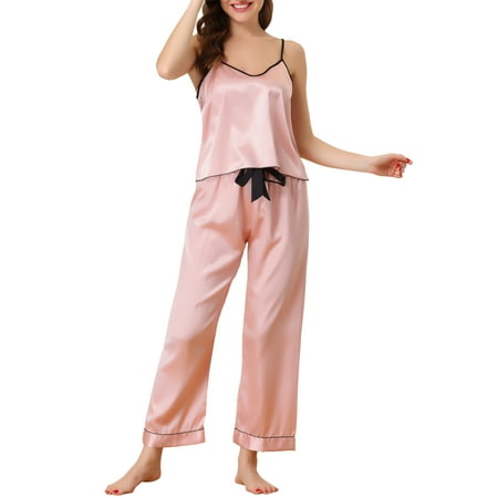 

cheibear Women s Summer Suspenders Soft Ice Silk Pajamas Home Clothes Three Piece Set