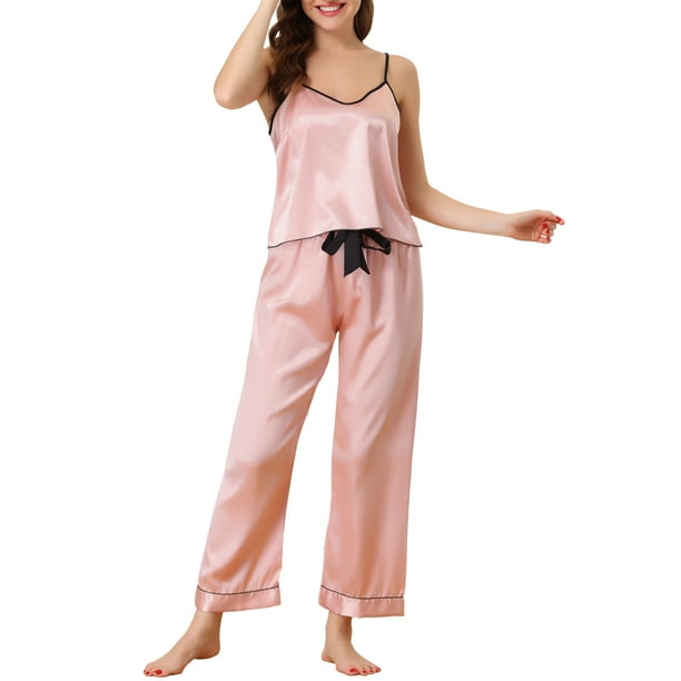 Conjuntos de pijama de satén para mujer INSPIRE CHIC, top de tirantes, pantalones palazzo con una máscara para dormir, 3 piezas, ropa de dormir de seda, XL, rosa