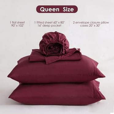 Burgundy Queen Sheet Set with Side Pocket Corner Straps, 4 Piece Soft Microfiber Bed Sheets Extra Deep Pocket