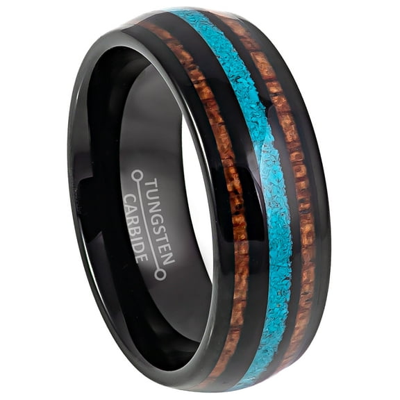 Mens Tungsten Wedding Band with Turquoise & Koa Wood Inlay - Black Dome Tungsten Carbide Ring - Anniversary Band - TN827s10.5