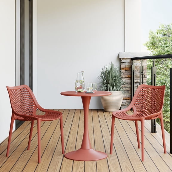 WestinTrends Playa 3-Piece Outdoor Round Metal Dining Table Set And Stackable Resin Patio Dining Side Chairs, Red