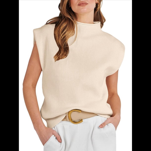 Suéter Sin Mangas con Cuello Alto para Mujer, Jersey Informal de Punto con Mangas , Ropa de y Verano 2025. Albaricoque XL