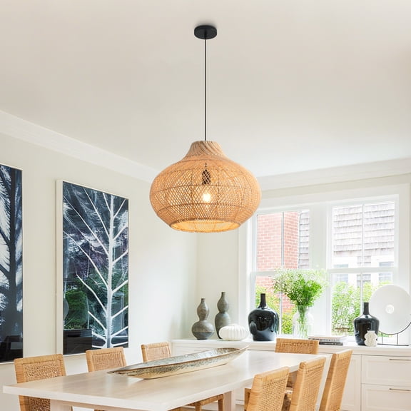 14" Boho Natural Handwoven Rattan Pendant Light, Coastal 1-Light Hanging Light with Adjustable Cord for Bedroom / Dining Room
