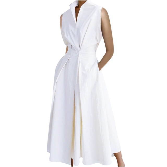 Woman Solid Print Sleeveless Button Elastic Waist Pocket Turndown Collar Dress