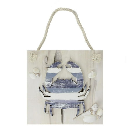 Wooden Wall Plaque 10” Nautical Blue and White Striped Crab Hanging Wooden Wall Plaque with Seashells ()