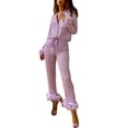 thumbnail image 4 of Women Feather Trim Sleepwear Comfy Soft Long Button Down Pjs Set Pajamas Set, 4 of 4