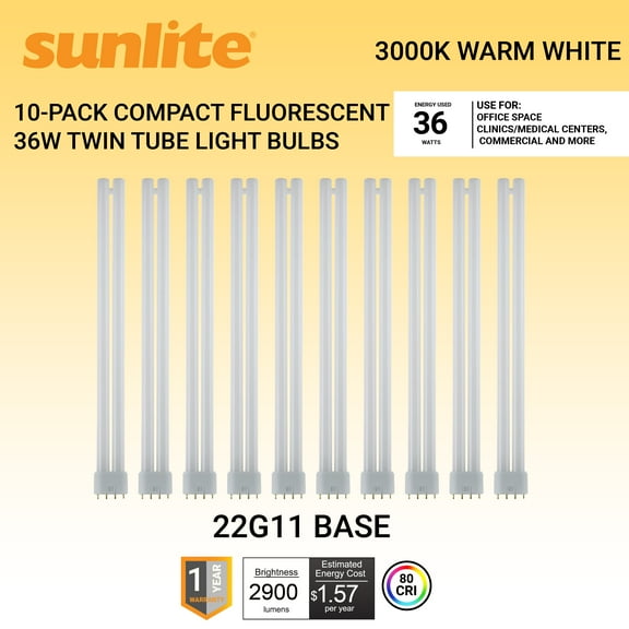 Sunlite FT36DL/830/10PK Compact Fluorescent 36W Twin Tube Light Bulbs, 3000K Warm White Light, 2G11 Base, 10 Pack