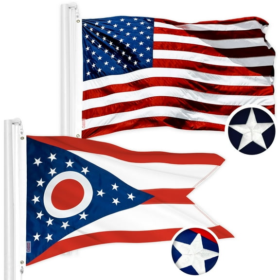 G128 Combo Pack: American USA Flag 2.5x4 Ft & Ohio OH State Flag 2.5x4 Ft | Both ToughWeave Series Embroidered Polyester, Embroidered Design, Indoor/Outdoor, Brass Grommets