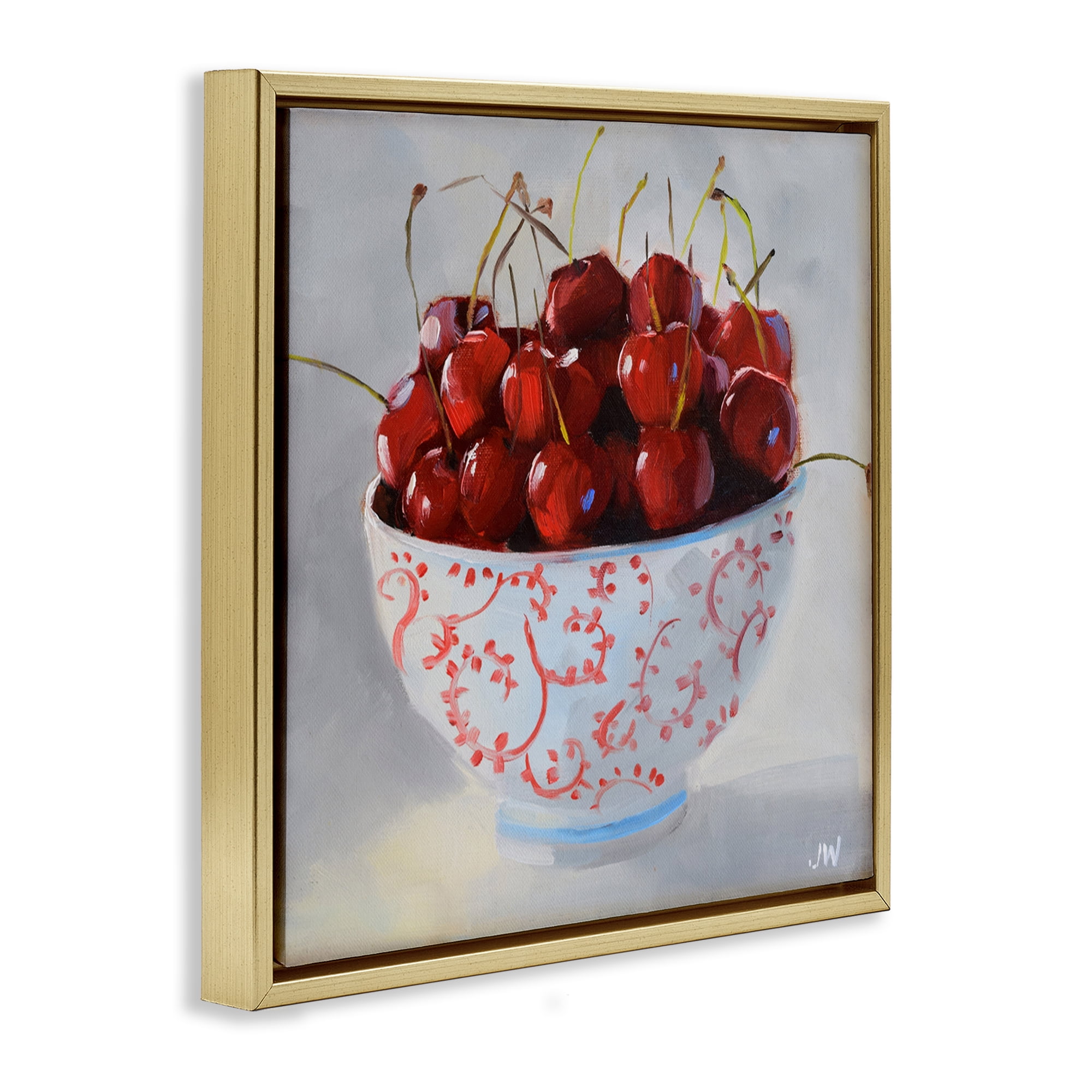 Stupell Industries Cherries in Ornate Bowl Food & Beverage Painting Gold Floater Framed Canvas Art Print Wall Art, 18 x 18