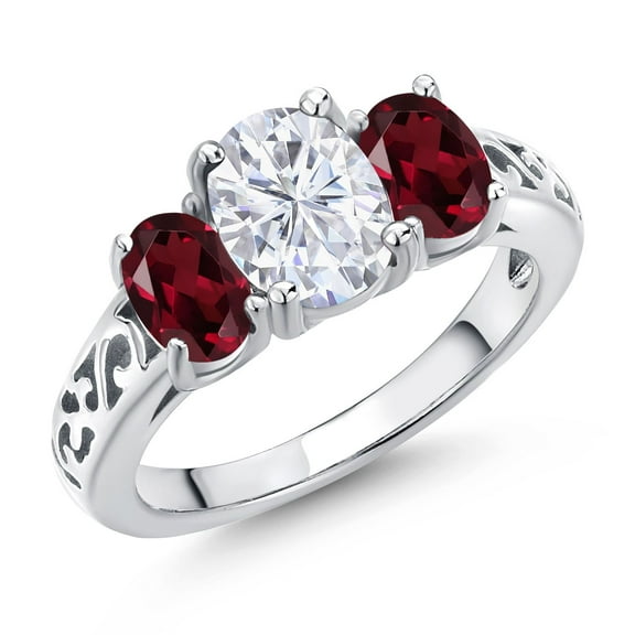Gem Stone King 925 Sterling Silver White Moissanite and Red Rhodolite Garnet Filigree Style 3 Stone Ring for Women (2.50 Cttw, Oval 8X6MM and 6X4MM) (Size 6)