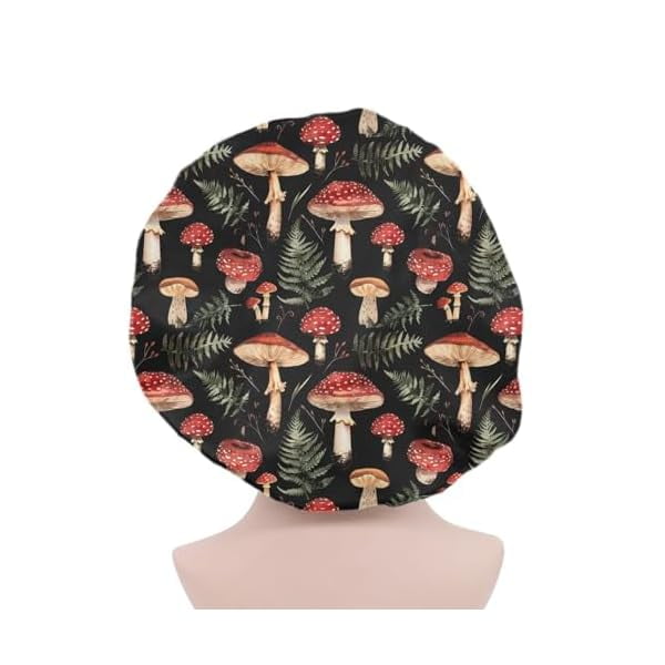 wonima11 Satin Lined Bonnet, Sleeping Beanie, Red Mushroom Green Leaves Headwear Curly Natural Long Haircare Cover Sleep Caps Breathable Hair Coverings Hat for Women