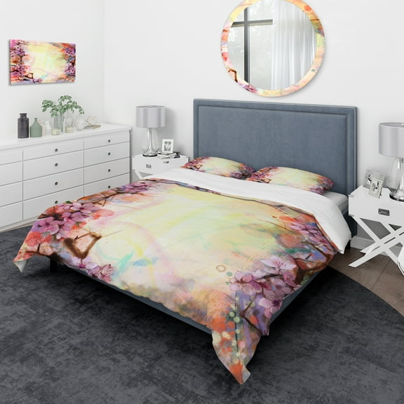 Designart 'Pink Sakura on Blurred Background' Traditional Duvet Cover Set
