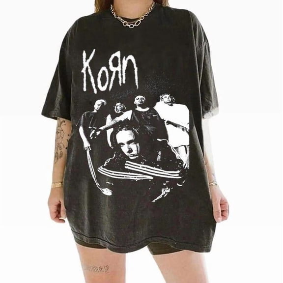 CLOTEX Korn Vintage Band T-Shirt, 90s Rock Graphic Tee, Oversized Grunge Streetwear Top, Metal Music Shirt for Men Women Unisex, Black S