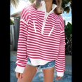 thumbnail image 4 of Suéter de Punto Acanalado de Larga con Media Cremallera A Rayas para Mujer, Tops Casuales, Cómodos y Ligeros, Moda de Otoño Rosa M, 4 of 8