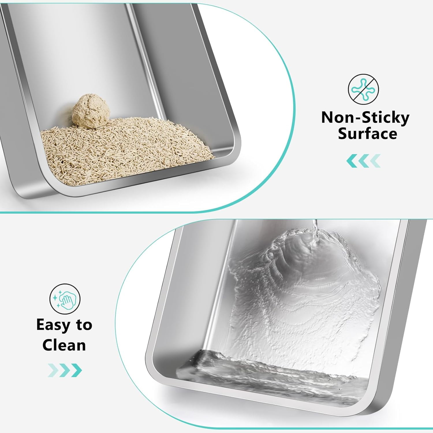 High Sided, Anti-Urine Leakage Stainless Steel Litter Box, XL Enclosed Cat Litter Boxes with Lid for Big Cats, Non-Stick Bottom, Includes Litter Mat & Metal Scoop