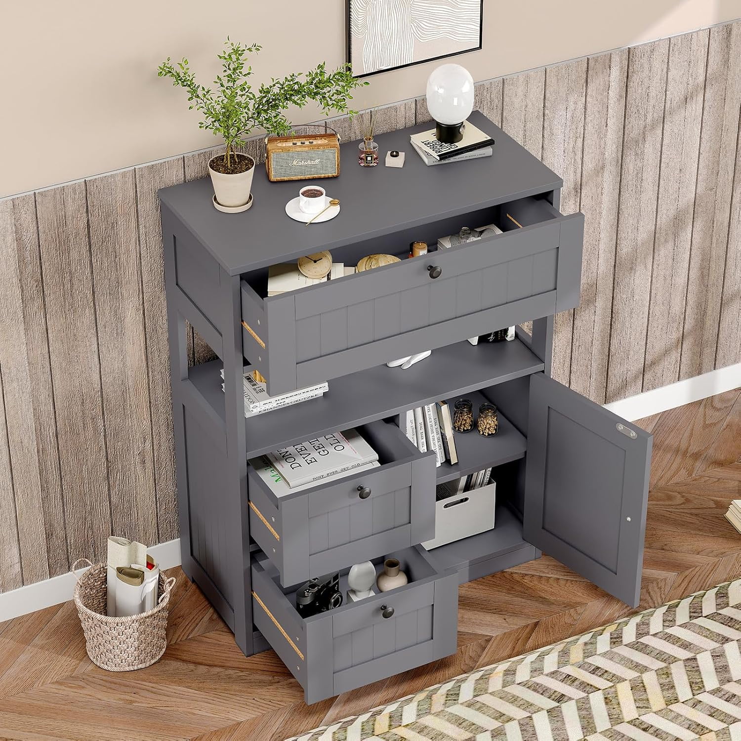 Bathroom Cabinet, Modern Bathroom Floor Storage Cabinet Organizer with 1 Door and 3 Drawers, Freestanding Cupboard for Kitchen/Living Room Use