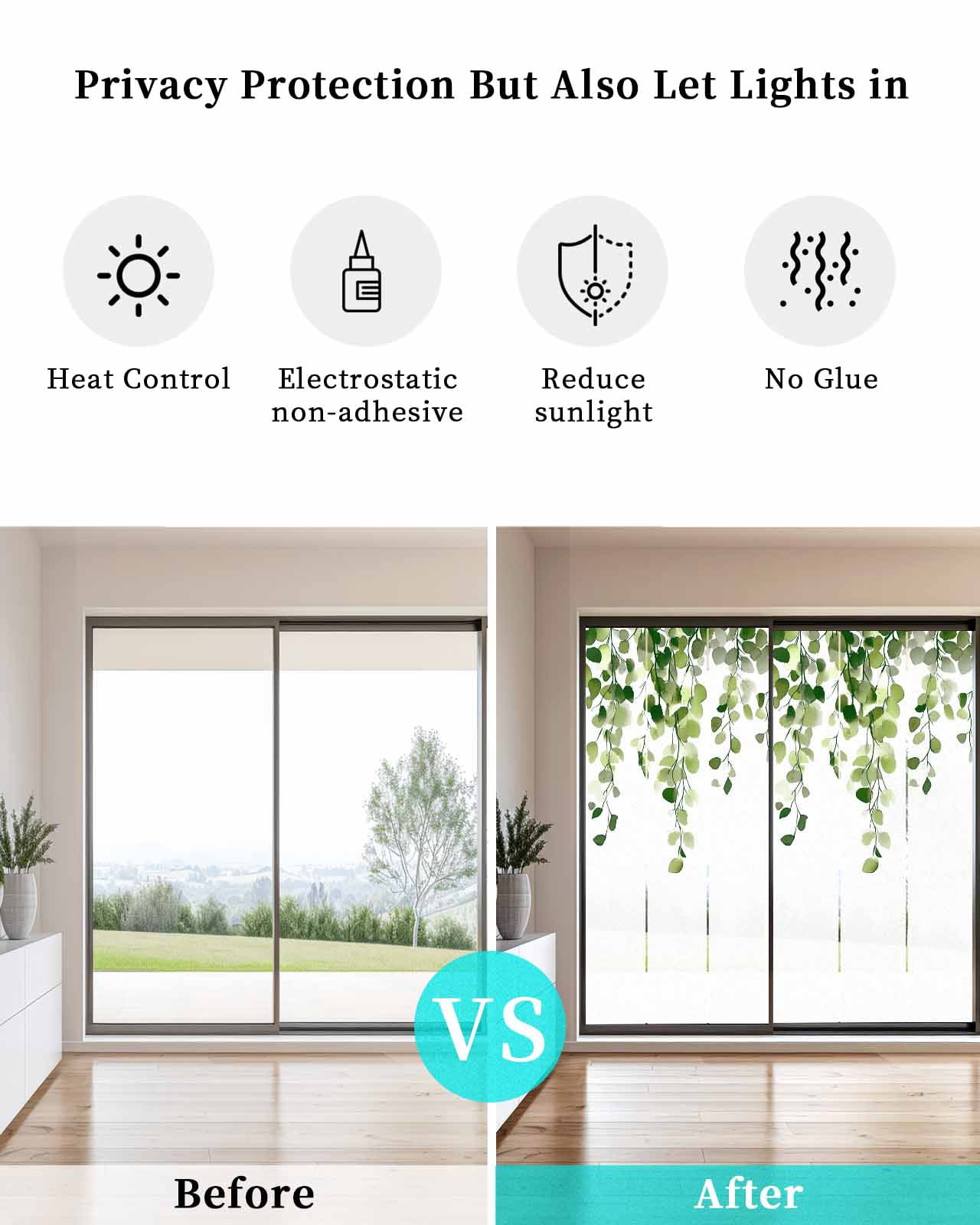 Window Privacy Film Green Eucalyptus Leaves Stained Glass Window Film Decorative Sun Block Window Cover Summer Watercolor Leaf Window Clings Static Adhesive Sticker for Bathroom 23.6"x59"