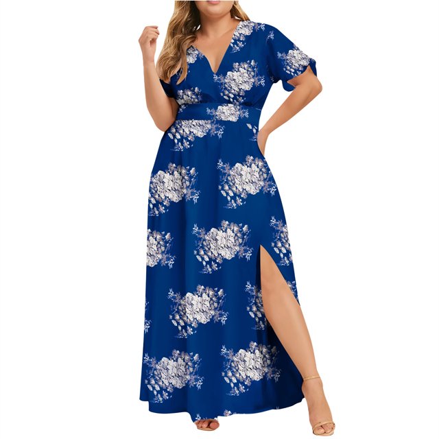 Pisexur Robes pour Femmes Mode Bohème à Imprimé Floral Robe Maxi Été Décontractée Col en V Manches Courtes Robe d'Été Taille Haute Tunique Ample Fendue Longue Robe Grande Taille Robes pour Femmes G-5TG
