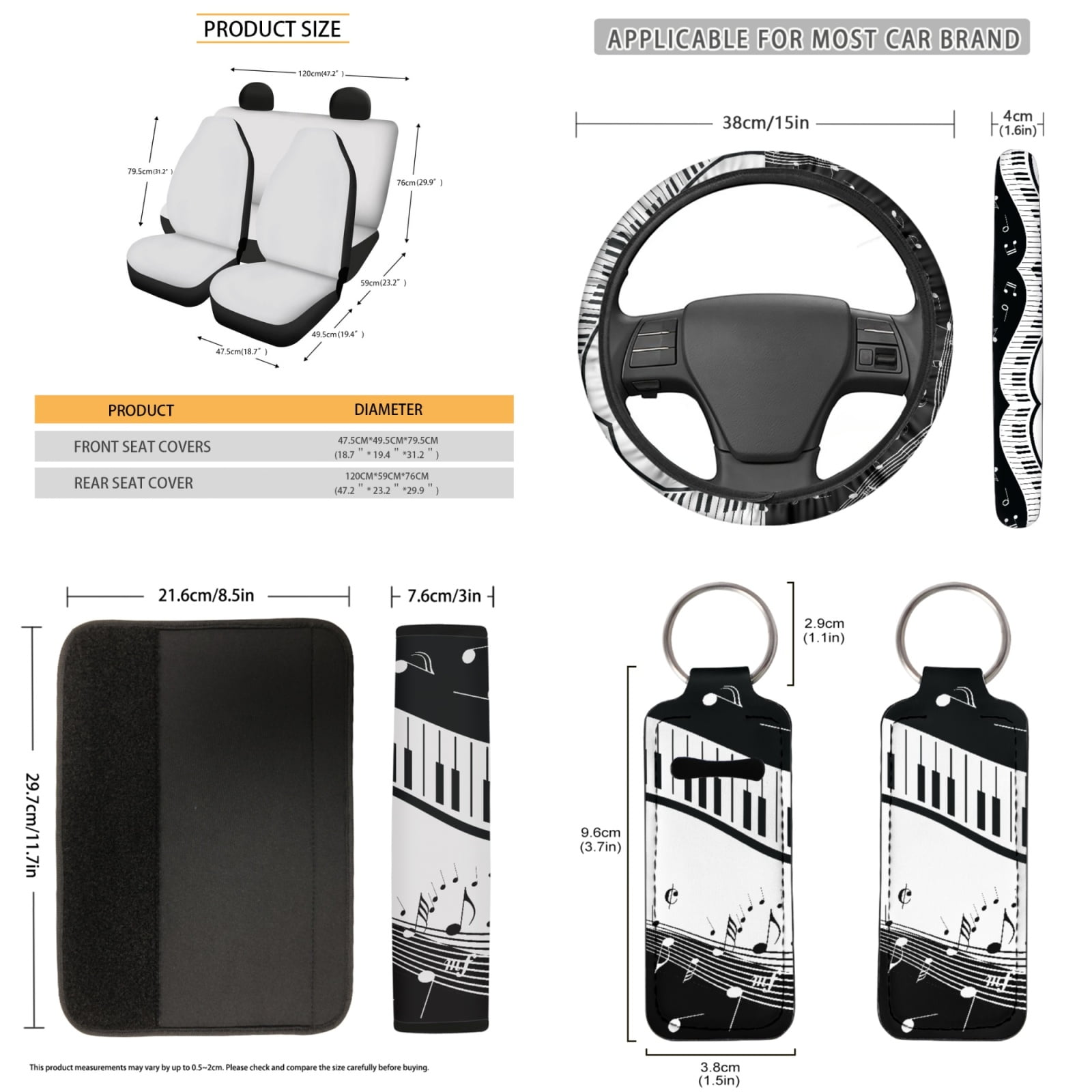 Jeiento Music Note Car Accessories Sets with Car Seat Covers Steering Wheel Cover Seatbelt Shoulder Pad Trash Can Auto Rear View Mirror Covers Coasters Keychain Lipstick Holder 13 PCS Car Decor