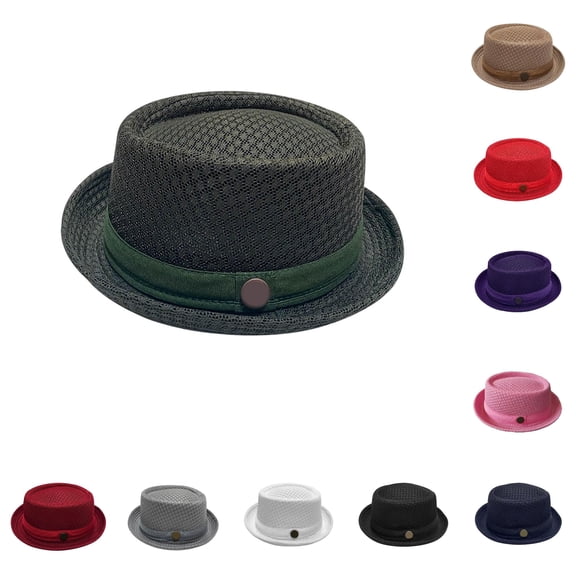 Venzia Mesh Pork Pie Fedora Hat Breathable Fabric Band Metal Button Short Brim Outdoor Travel Beach Casual Summer Sun Protection Classic Retro Headwear Cap,One Size