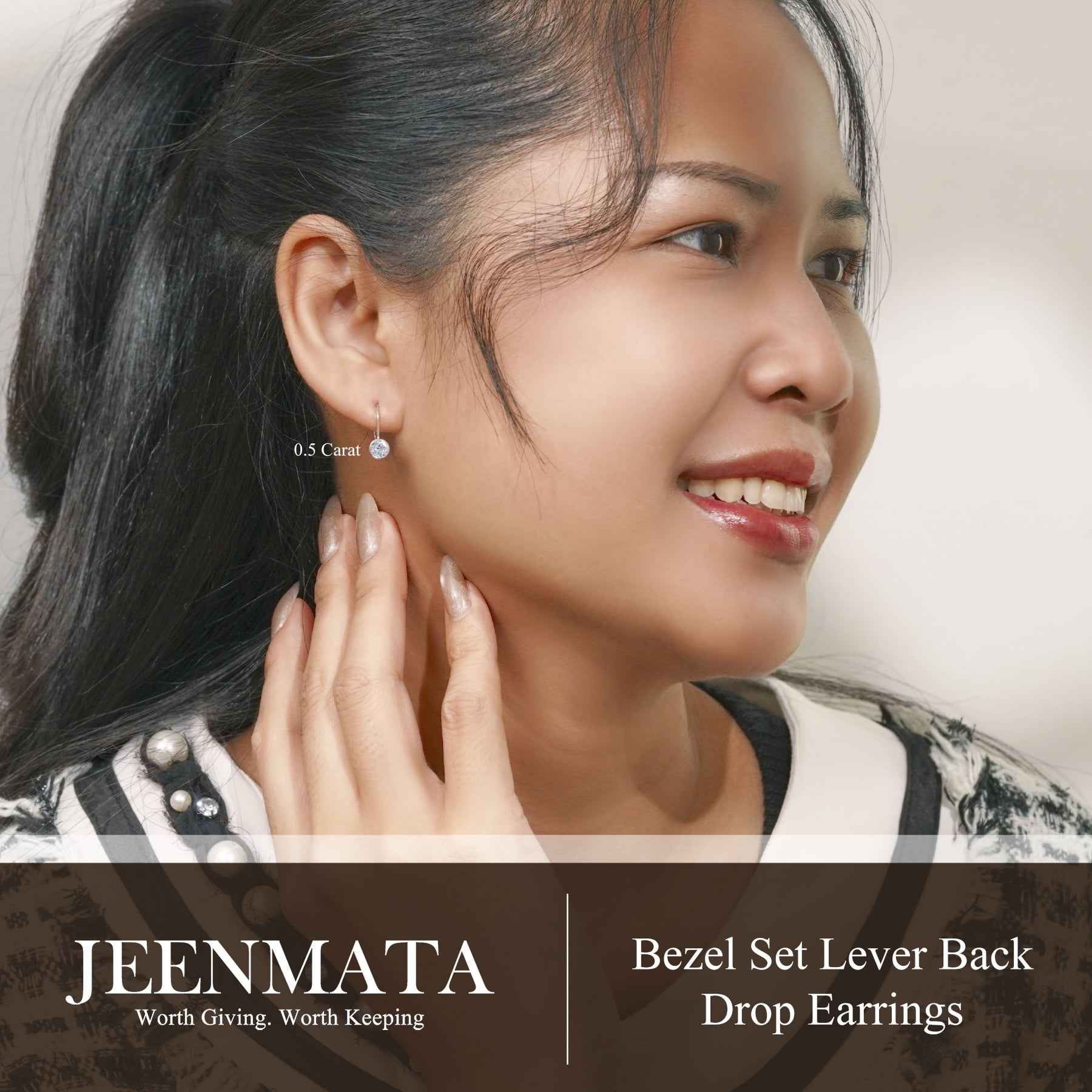 JeenMata 0.50 Carat Lab Grown Diamond Bezel Set Leverback Drop Earring - in 18K White Gold Plating Earrings for Women, Gift for Girlfriend, Mother, Her