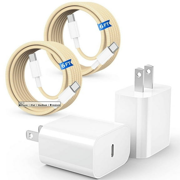 TTech 2 Pack 20W USB-C PD Power Adapter Fast Wall Charger   2x USB-C to USB-C Braided OEM Cable 60W Charging Compatible with iPhone 15 Pro Max / 15 Pro / 15, Samsung Galaxy S24 S23 Ultra, Yellow