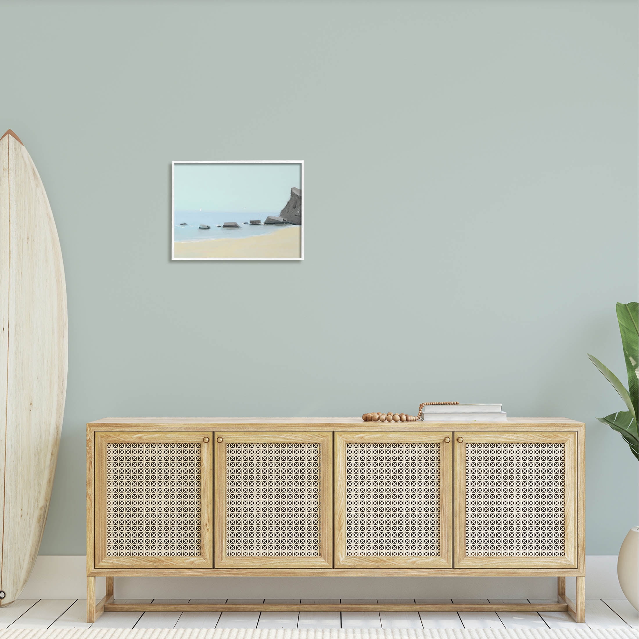 Calm Beach Shore Rocks Coastal Graphic Art White Framed Art Print Wall Art